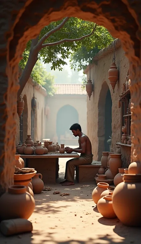 Realistic 4k ultra HD quality image, morning time, a potters shop in a quiet and quiet Indian village where a potter is working hard making clay pots.