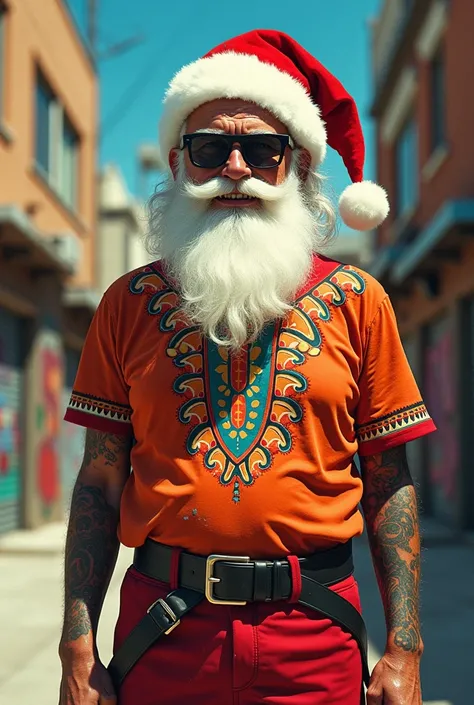 Papanoel wearing a batik t-shirt from the 60s hippie with chipped tattoos and graffiti