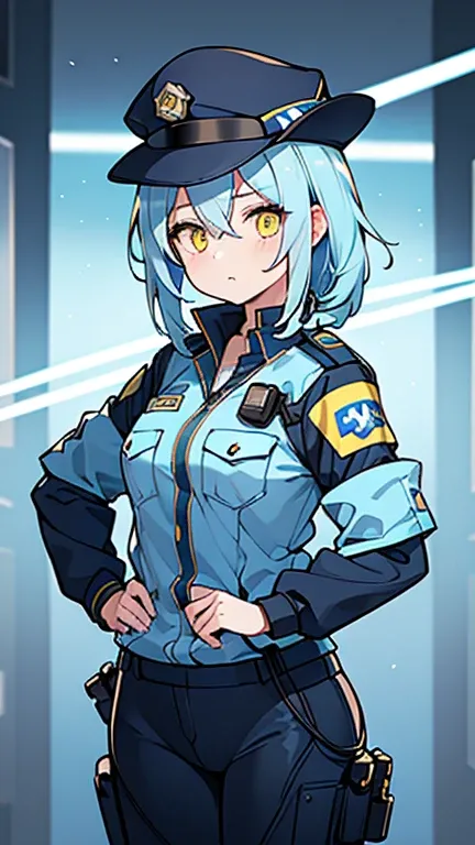 (( A woman with light blue bifurcated hair and yellow eyes)),((Im wearing a police suit )),(( Im wearing a police hat )),bangs, hair between eyes