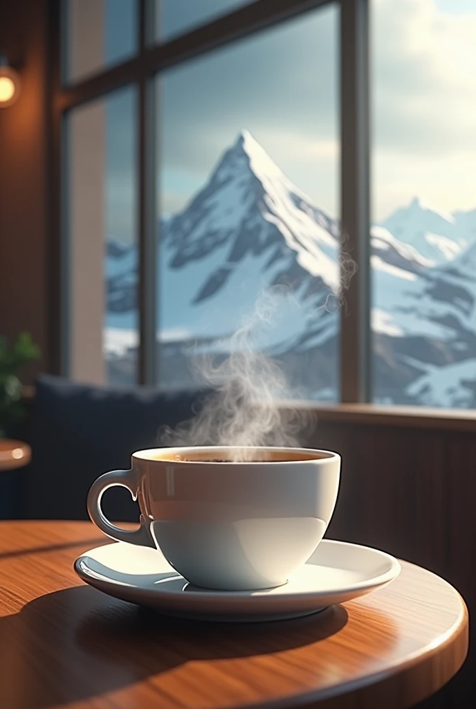 A hyperrealistic scene of a steaming cup of coffee in a cozy café, where the rising smoke beautifully transforms into the shape of a majestic snowy mountain, complete with detailed peaks and icy cliffs