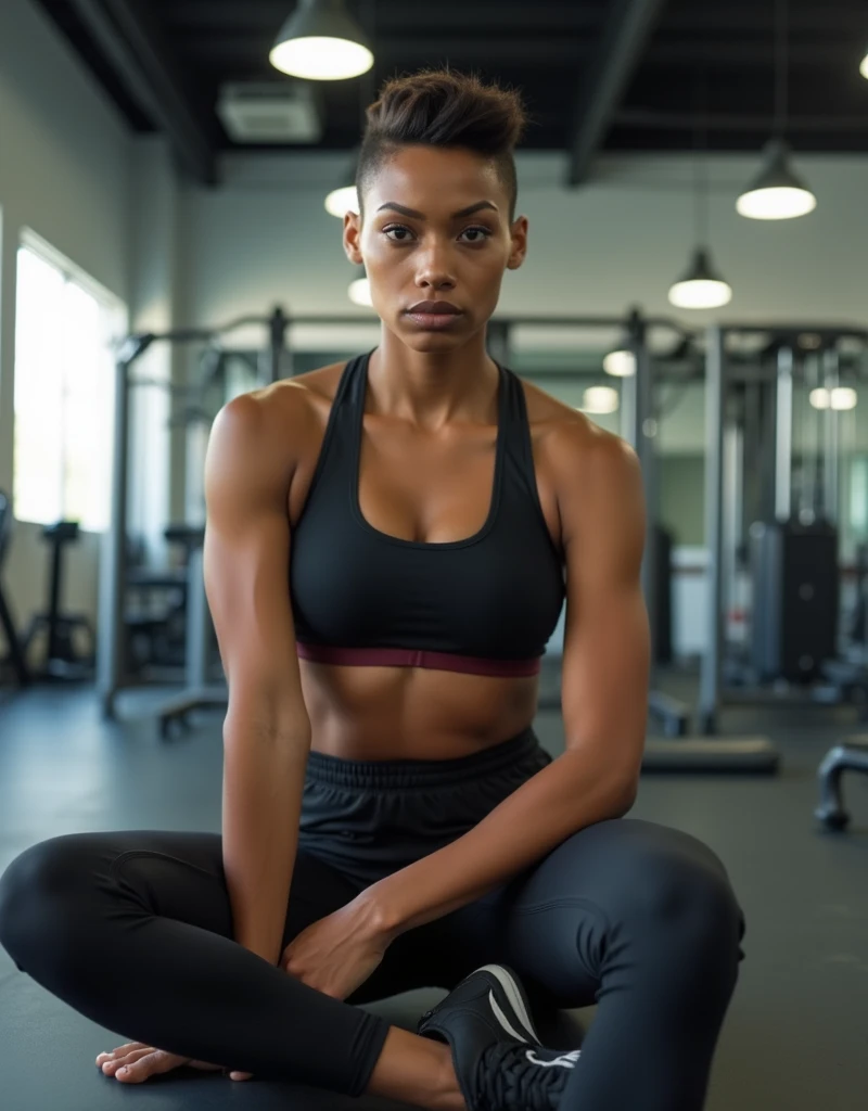 An 18-year-old Afro-descendant woman with a sleek pixie cut, wearing a black sports bra and panties with athletic shoes, is seated on a workout bench. A shot from below captures her confident expression, framed by well-organized gym equipment and bright, e...