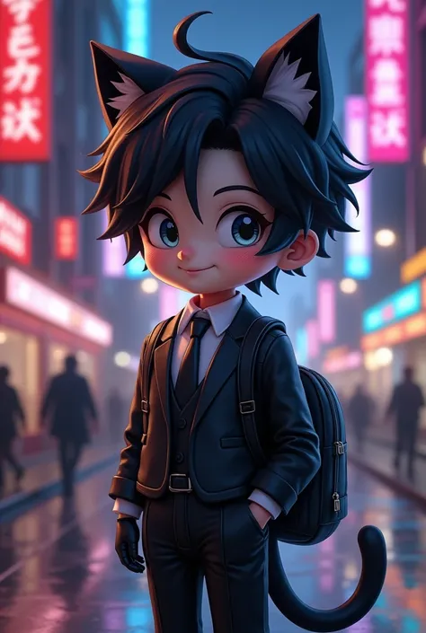   Boy in his early teens、 chibi、  black hair、 split in the center 、Cat ears、Tail、 shiny black leather suit、 white shirt、 black tie、Shiny black gloves、 carry a shiny black elementary school backpack、smile、抱きつく、 downtown at night、neon、3d