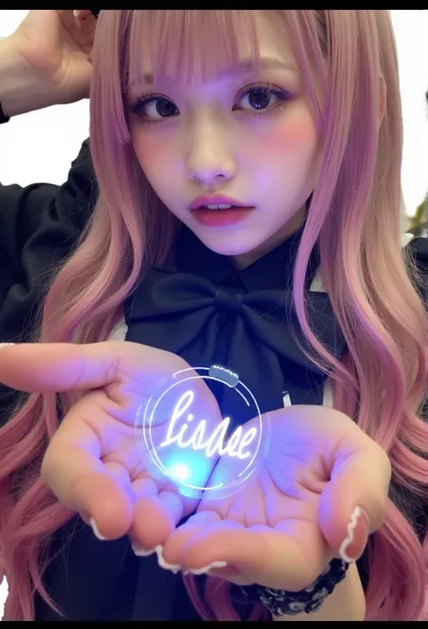 A futuristic 3D hologram of a glowing logo in a persons palm, the logo reads Fodase, vibrant colors,high-tech atmosphere,detailed hands,sci-fi aesthetic,soft lighting.,The scene is realistic and beautiful,highlighting its digital aspect.,1girl,gal,makeup,s...