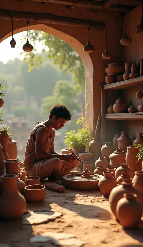 Realistic 4k ultra HD quality image, morning time, a potters shop in a quiet and quiet Indian village where a potter is working hard making clay pots.