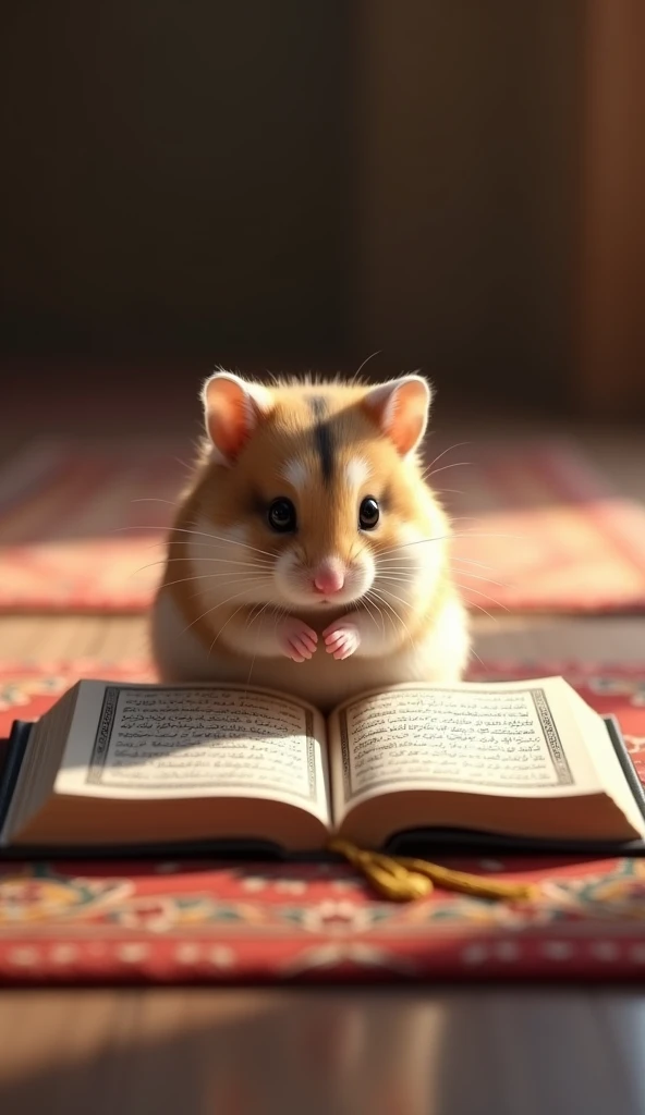 Photorealistic, Hyperrealistic, A cute and fluffy hamster sitting on a prayer mat (sajadah), with an open Quran placed in front of it. The hamster appears focused, its tiny paws gently resting near the Quran as if it is reading the verses. The setting is c...