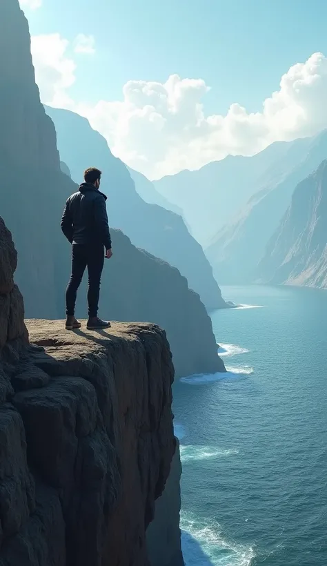 a man in a black jacket and pants is perched on the edge of a cliff. The man is facing the left side of the frame, his hands on his hips and his head turned slightly to the right. The cliff is a dark brown, with a rough rough texture. The water below is a ...