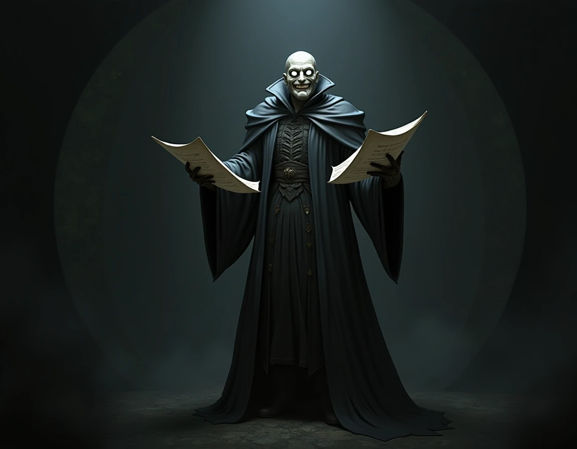 A REALISTIC IMAGE OF A WIZARD. IN HIS HANDS HE HOLDS LETTERS AND HIS EYES ARE ALL WHITE, WITHOUT ANY BLACK DOTS. HE IS DRESSED IN MYSTIC CLOTHES AND IS IN A DARK ENVIRONMENT. HE IS STANDING AND HAS A MACABRE SMILE
