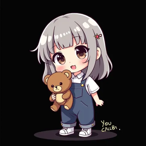 (masterpiece, best quality:1.2), cartoonish character design。1 Cute girl holding a teddy bear, alone，big eyes，cute expression， straight gray hair，WHITE shirt，Overalls，White sneakers，stand，interesting，interesting，clean lines , name chibi sakura written on  ...