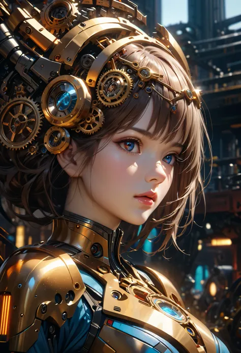 clockwork girl, 1girl, detailed face, beautiful detailed eyes, beautiful detailed lips, extremely detailed intricate gears, intricate mechanical details, complex machinery, cinematic lighting, dramatic lighting, moody lighting, cinematic atmosphere, dramat...