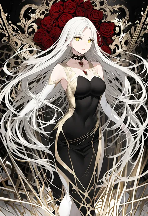 Woman with long white hair with golden eyes, she wears a form-fitting, halter-style black dress that shows off her shoulders and chest, with a rose choker and a red rose pattern on the inside of her skirt. The front of the skirt is mid-thigh length, while ...