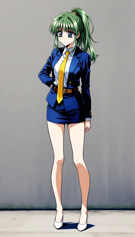 Misuke Iijima、。OL,woman、 green hair、 long hair、 ponytail、 sad face、 full body style that reflects your whole body、 normal breasts、 narrow waist 、Bare legs、Standing beautifully、 in a suit、 navy blue jacket ,襟付き shirt, shirt, yellow tie ,belt,, navy blue min...