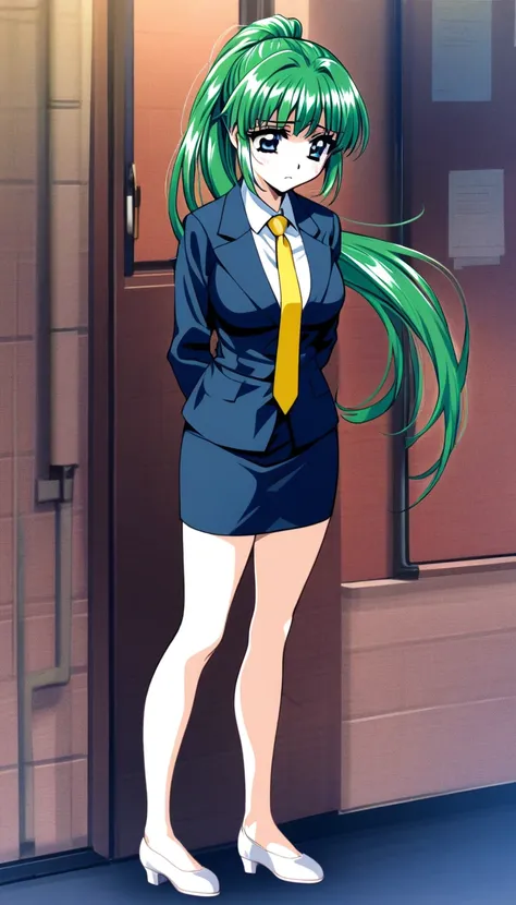 Misuke Iijima、。OL,woman、 green hair、 long hair、 ponytail、 sad face、 full body style that reflects your whole body、 normal breasts、 narrow waist 、Bare legs、Standing beautifully、 in a suit、 navy blue jacket ,襟付き shirt, shirt, yellow tie ,belt,, navy blue min...