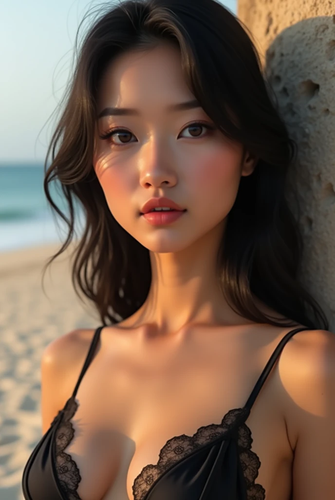 “A strikingly beautiful Asian woman with delicate, symmetrical facial features and an air of elegance. Her skin is smooth and radiant, with a soft porcelain tone that glows subtly in natural light. Her almond-shaped eyes are captivating, framed by long, th...