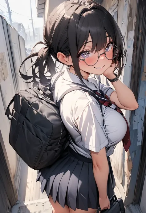 (  Masterpiece  ,   top quality:1.2), 1 girl, Alone,  expressive eyes, Walk with a student bag on your shoulder,  Female College Student, Straight twin-tail with black hair, Round Glasses, Big tits uniform, smile, (from beside), (((full body)))