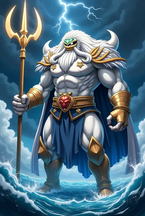 Un Pokémon inspiré de Barbe Blanche de One Piece, en forme de créature imposante et mythique. Le design combine des traits marins et guerriers : un corps musclé rappelant un colosse marin, avec une moustache blanche en forme de croissant de lune, caractéri...