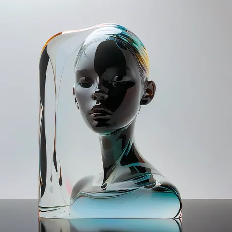 graphic design，Big black canvas，Sense of space，White Space，1 colored glass transparent 3D portrait sculpture，Bottom flow melting，Facial Luminescence Line，simple， Minimalism ，beautiful girl，Soft and elegant colors，，Dark background，Luminescence