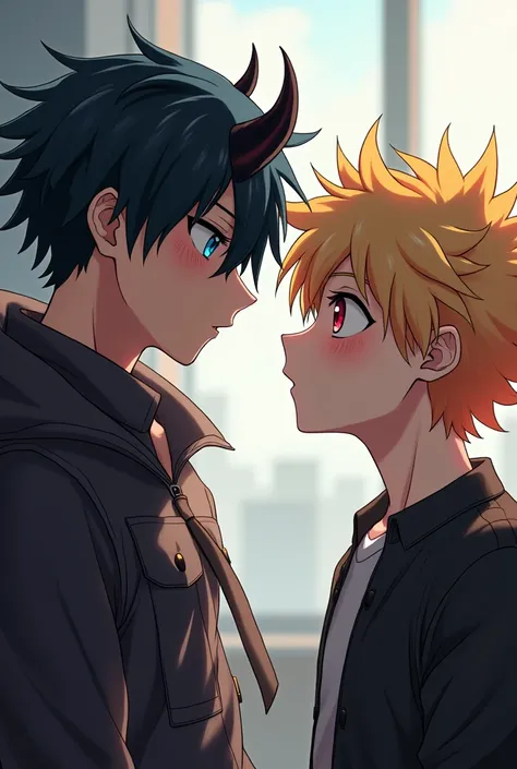 Boku no hero academia anime panel of a male he has black  hair with demon Horns blue eyes he talking with a blond   boy with spiky hair and red eyes 