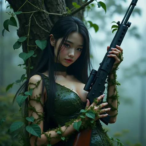 (best quality), future, Realistic, film rendering, (large cleavage,Big tits),(1 girl,korea face sexy , pale skin, (body heigth:140cm), innocent look, Young face,Beauty, photorealistic, a beautiful Asian woman holding a futuristic sniper rifle,, trapped in ...