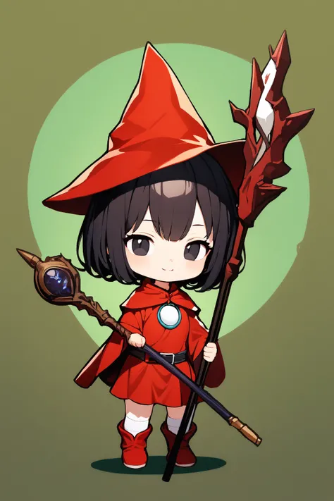 (green background:1.3), No wind, character sprite, Break, 
1 girl, (cute face), young, Intelligent Look, light smile, , petite, 150 cm tall,, Standing, feet out of frame, (black short hair, blunt ends), black eyes, (flat chest:0.8), slim, (deep red Mage Ou...