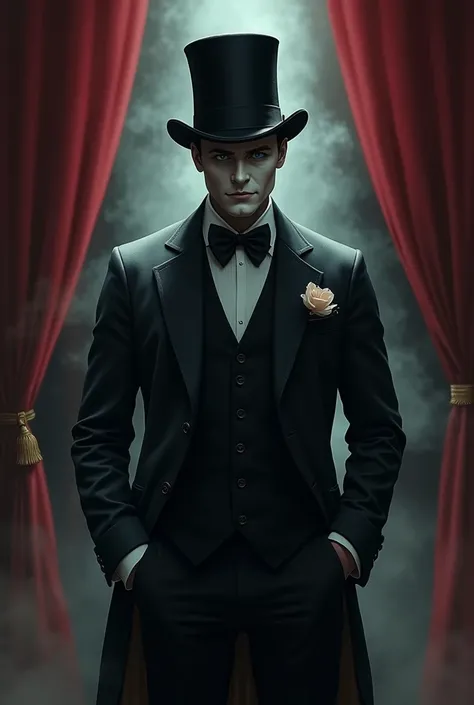 A drawing of a magician, with top hat, mask and dress clothes.