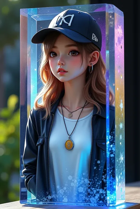 The picture is made of crystal glass with a luxurious design that says "Gracemae". There is a photo of a Marvels hero on the left. There is a girl wearing a white t-shirt, black jacket, reverse snapback hat, earphones necklace, 3D realistic picture and, re...