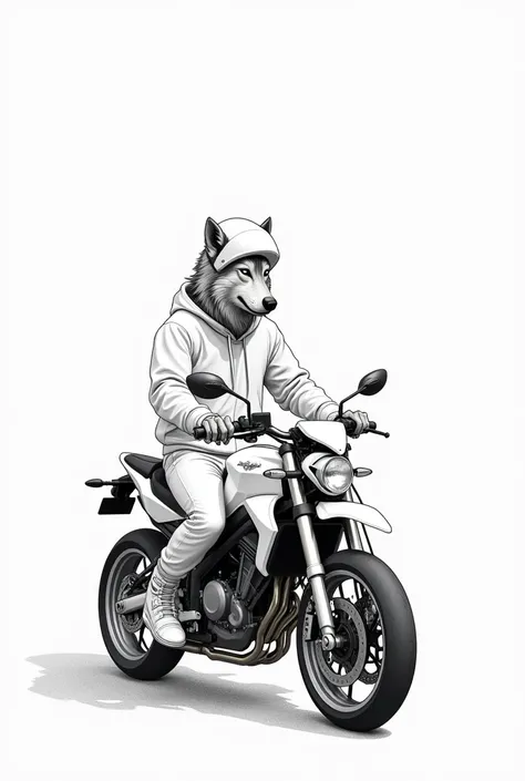 A realistic drawing outline ,  in black with thick lines and unshaded white background , of a graceful werewolf wearing white helmet , white sweatpants,  white knitted shirt on top of a white motorcycle for printing in A4 format.