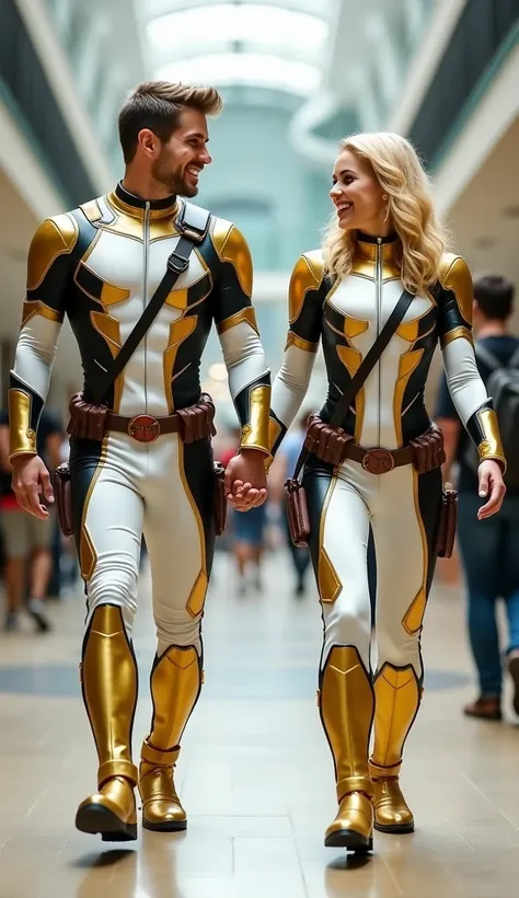 Two people in the form , they are 35 years old .  a man without a mask and a woman without a mask ,  are hand in hand and walk together ,  a woman on the right is wearing a superhero costume .  These two men are dressed in gold-white Deadpool costumes ,  w...