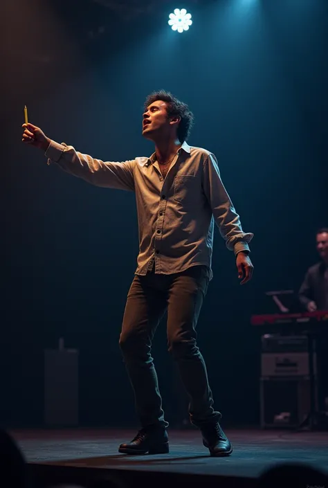 an artist is singing on stage with a pencil pointing in front of him