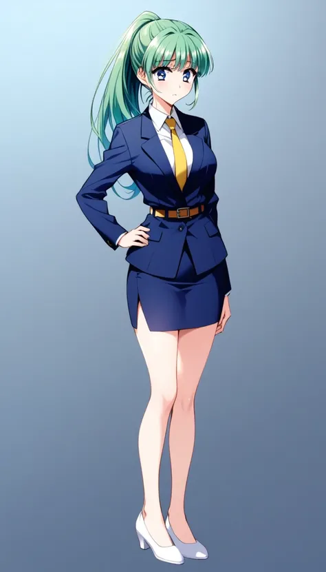 Misuke Iijima、。OL,woman、 green hair、 long hair、 ponytail、 sad face、 full body style that reflects your whole body、 normal breasts、 narrow waist 、Bare legs、Standing beautifully、 in a suit、 navy blue jacket ,襟付き shirt, shirt, yellow tie ,belt,,  navy blue mi...