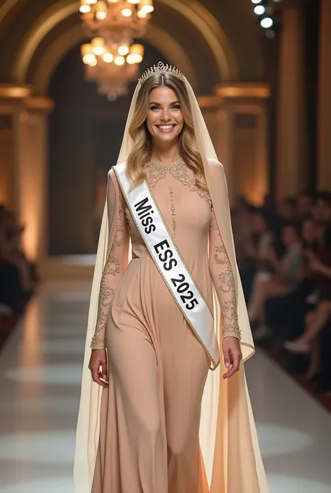  Original photo of a beautiful miss universe woman wearing a long fluttering beige dress with a high neck and long sleeves.  The dress is decorated with pleats ,  which is especially noticeable on the sleeves and along the sides of the skirt . She also wea...