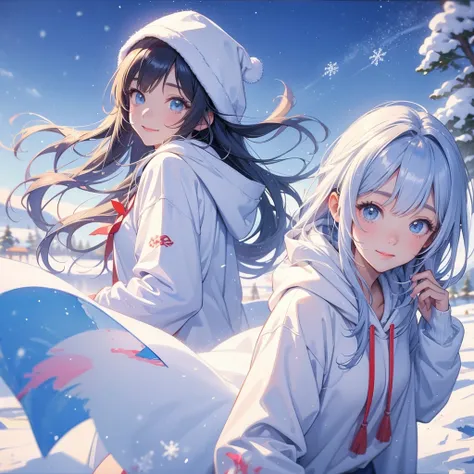  watercolor style 、snow、 Christmas、hope、Thoughts、 landscape painting、 anime character 、Im wearing a cute hoodie、Smiling Koharu Rikka