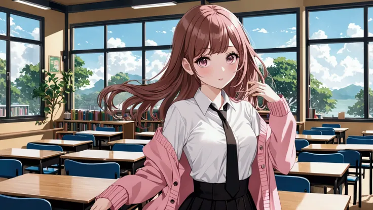 white skin, The impression is chic and cool, Upturned eyes, smart nose, See-through bang bangs ,  Make a character of a girl wearing a long black waist-length white shirt with waves ,  wearing a pink cardigan and a black tie. The background is a classroom ...