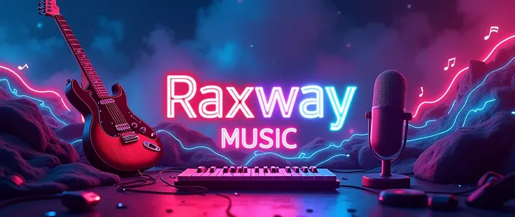 Create a vibrant, dynamic cover image for a music channel named RaxWay Music. The design should feature abstract sound waves, musical instruments (like a guitar, keyboard, or microphone), and energetic neon lights. The background should be a blend of deep ...