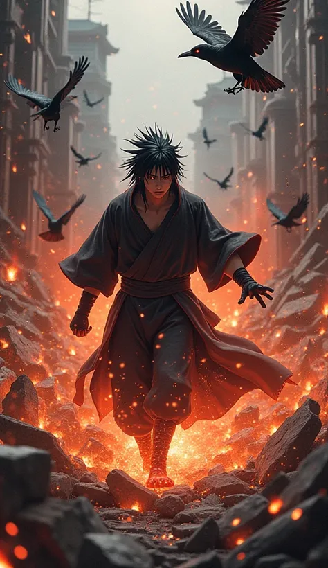  In the middle of a destroyed dojo ,  an elite ninja with flaming eyes from Mangekyō Sharingan is surrounded by multiple opponents.  Itachi is in full action ,  executing fluid and precise movements with illusory kunais and jutsus .  The enemies are trappe...