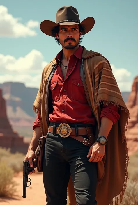 Young Latino man ;  dark haired ; thin goatee;  wearing a red shirt with folded sleeves ;  a striped poncho ;  black pants ;  a cowboy boot and hat and a belt with holster and revolver; smoking; Wild West scenery in the background  