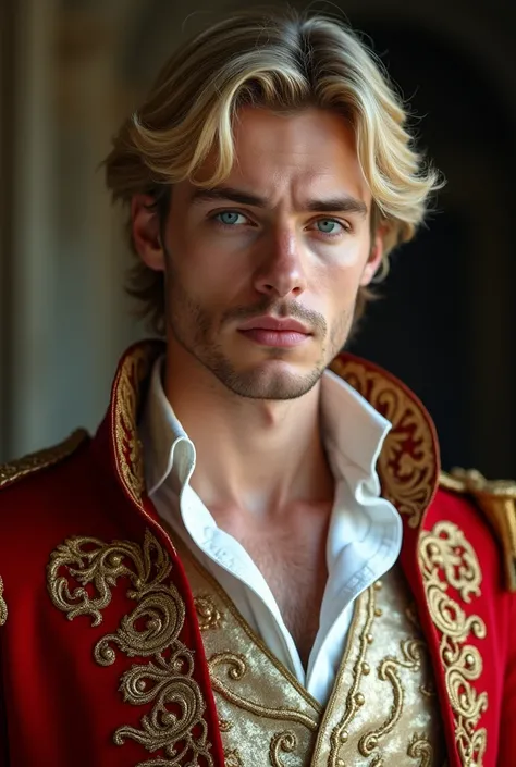 Prince Charming, men, blond with blue eyes , arrogant look, but very beautiful, Frontal photo, High resolution,  masterpiece , Necessary,  Anatomically Correct ,  Awarded multiple times,  best quality , detail, HD model, details altos,  high quality , qual...