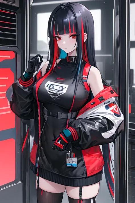 A young woman, age 17~19, blunt bangs hairstyle, multicolored hair, black hair, red hair, blue hair (part), hair length is about shoulder length, makeup on the face gives a bright impression, dressed in transparent, dressed in Tech wear, breasts size is F,...