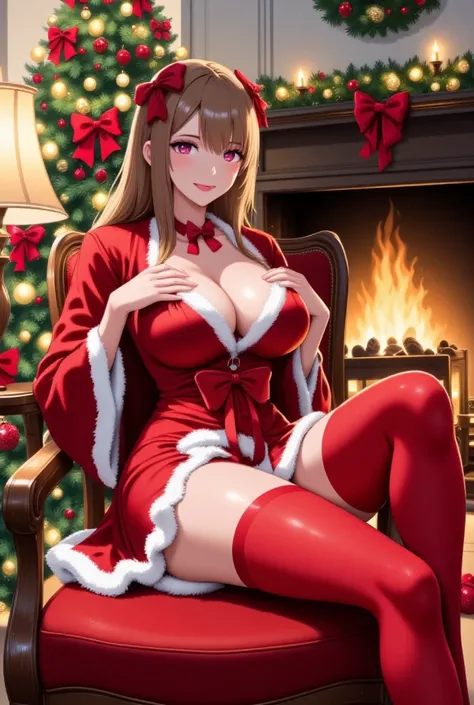 Anime Illustration, A beautiful Xmas babe in a Hut, wide hips and narrow waist, she is posing sexy lying on an Armchair, in front of a Chimney, long sexy legs, cinematic, wide angle lens, from below, wide angle lens 