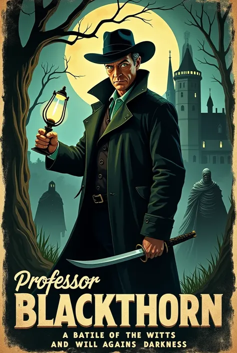 Create a vintage movie poster for a classic horror film featuring "Professor Gabriel Blackthorn: Monster Hunter." The poster should have an old-fashioned, illustrated look typical of 1940s and 1950s cinema, with faded colors and dramatic font. Professor Ga...