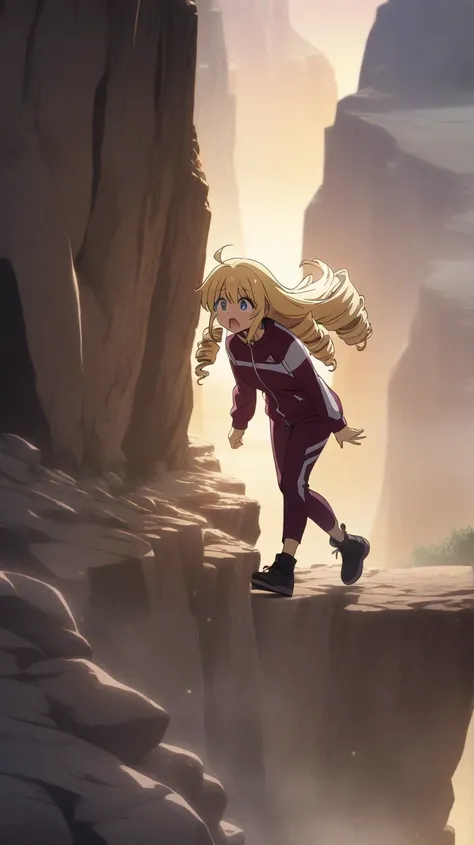 a girl, walking, blonde, long hair, drill hair, ahoge, blue eyes, slant eyes, narrow eyes, scared, fear, desperate, puzzled, maroon sportswear long pants, maroon sportswear, Black platform boots, A woman stands sideways with her back to a cliff, spread arm...