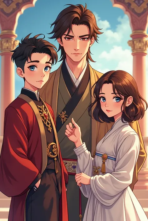  Caracter manhwa a teenage boy one fair-haired blue-eyed boy with a beautiful face, one brown-eyed brown-haired male with a muscular body handsome face , one short-haired black-eyed brown-haired girl with a beautiful face  , wearing royal clothes   