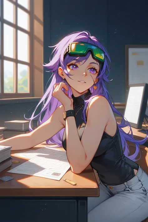 Girl with purple eyes, from behind, purple hair, long hair, swept bangs, thin, green tinted goggles, wearing sleeveless sheer black sleeveless shirt, white jeans, saluting old bearded man in unform, the man has a scar and artficial orange eye, he is sittin...