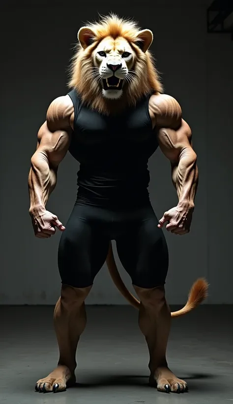 exercise lion culottes with a human body in a tight black shirt 