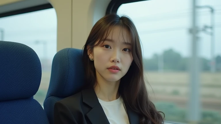 a beautiful, sweet, 25 year old Korean Kpop idol girl, is wearing office clothes and sitting in a train chair, her whole body is perpendicular facing the front of the camera and her head is slightly upwards slightly in front of the camera, because the came...