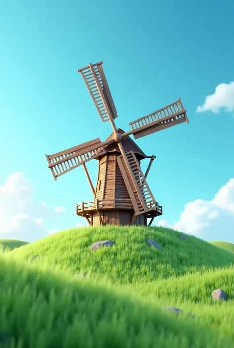 Generate a 3d image of a windmill with blue skies and green grass on the ground. Make it portrait