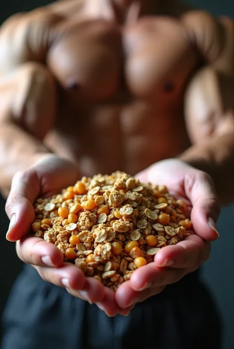 Rich granola with garbanzos held by bodybuilders