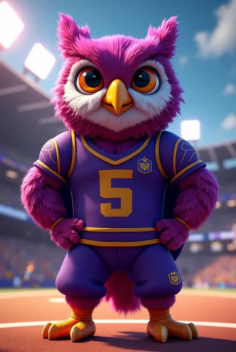  team mascot in the color purple with the face of an owl on the t-shirt,  the mascot has the face of an owl in the color wine , He is on a sports court 