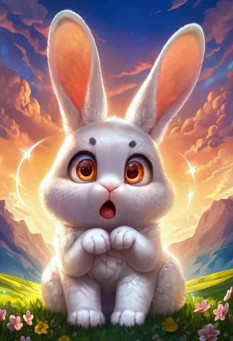 cute white rabbit character with surprised expression, overreacting, This is cute fantasy art that looks like a fairy tale picture book, ultra detailed, absolutely resolution, masterpiece