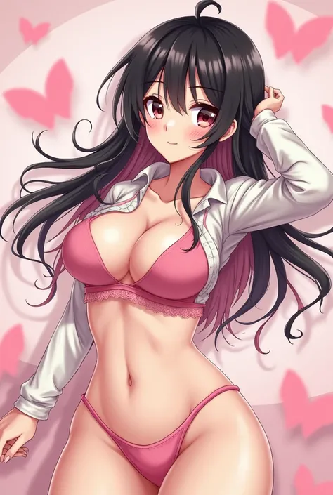  1 girl ,  high definition ,  anime style、Pink and black hair、 Big Breasts ,  blush, look up, nude full nude boobs nipples pussy