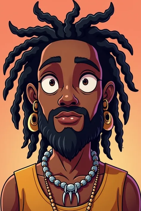  A cartoon-style persona ,  young indigenous black man with small eyes dreads up to the shoulder, with a goat beard ,  wearing a necklace with fangs  
